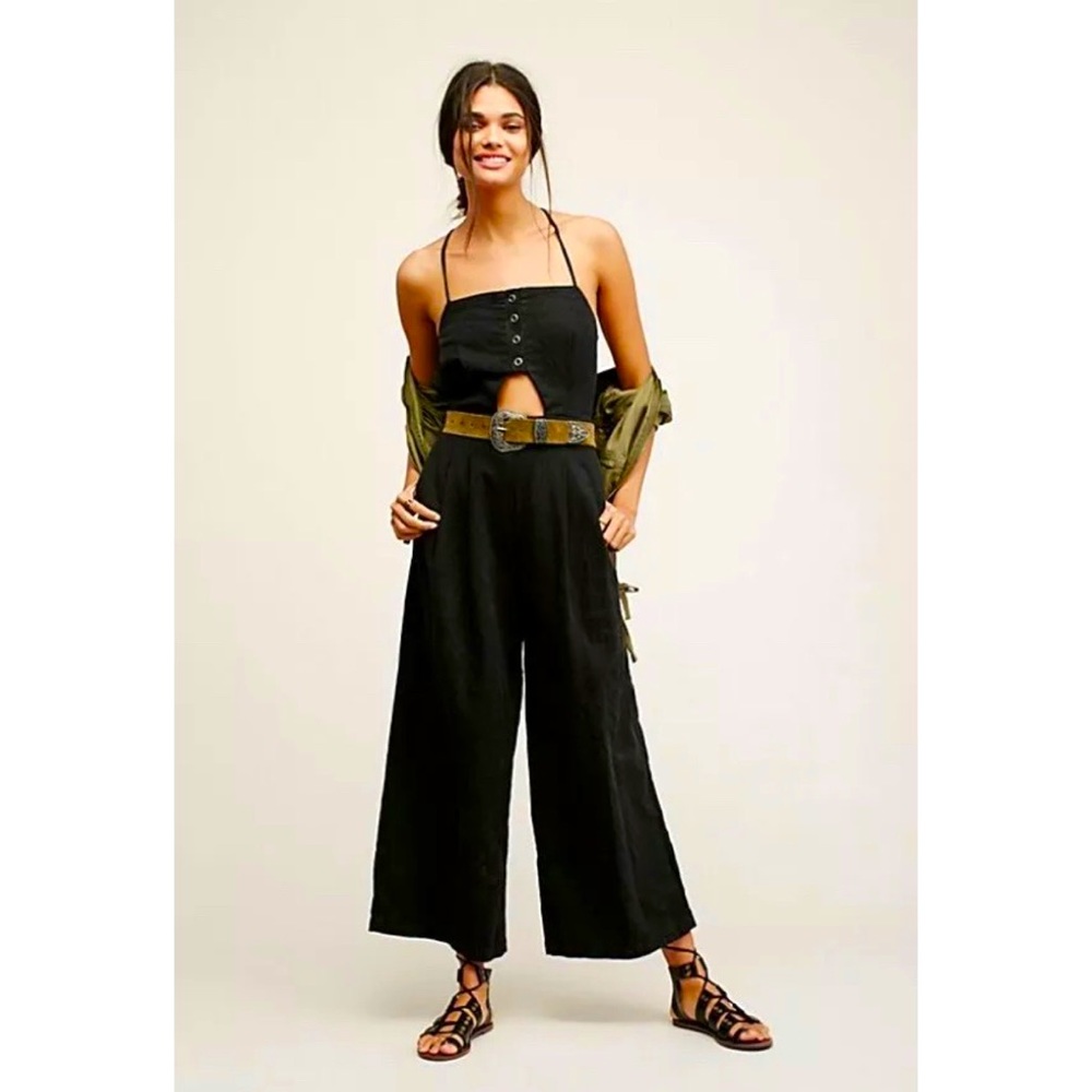 FREE PEOPLE UO Marbella Black Linen Cutout One Piece Jumpsuit Wide Leg Small